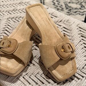 Veronica Beard Tan Suede Mules with Gold Buckle